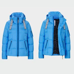 Bogner Felina Down Puffer Ski Jacket Jacquard Drawstring Full Zipped Blue Sz 6